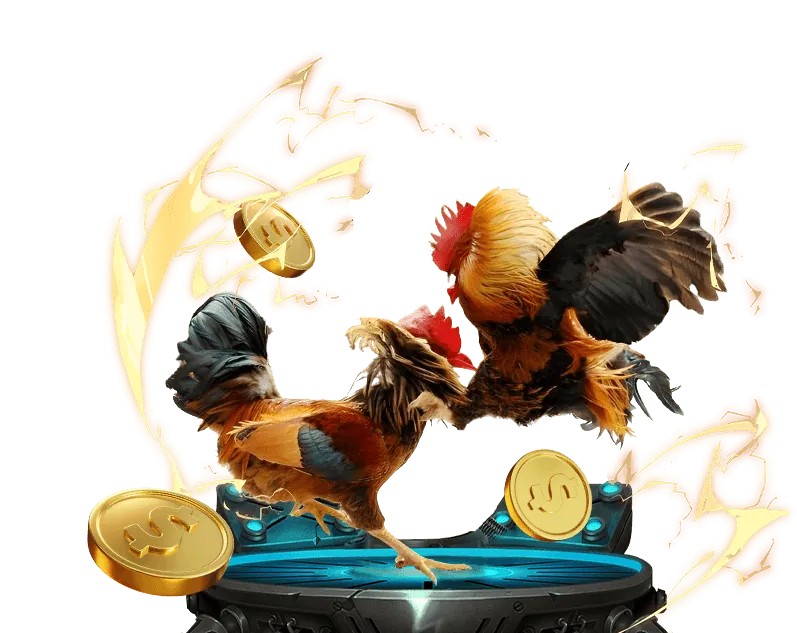 Hình ảnh một chú gà chiến đang chuẩn bị cho trận đấu, với hiệu ứng ánh sáng rực rỡ và các nút kêu gọi hành động